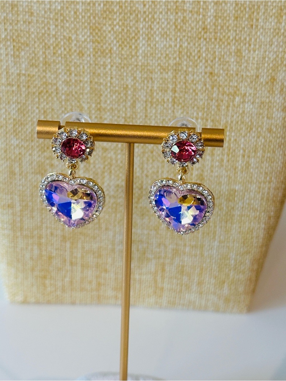 Fashion Jewelry Gold-Tone Heart Drop Earrings with Pink and Iridescent Crystals